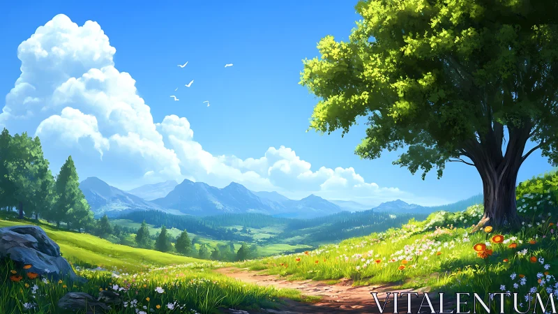 Digital landscape of meadow, mountain range, sky, and tree.