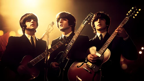 Vintage rock trio under golden stage spotlight glow.