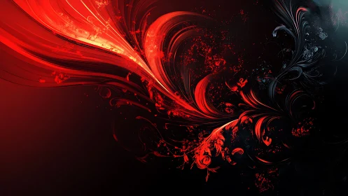 Fiery red abstract waves ignite a dark digital canvas