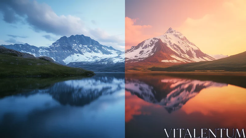 Split-toned alpine lake reflection compares cool dusk and warm dawn