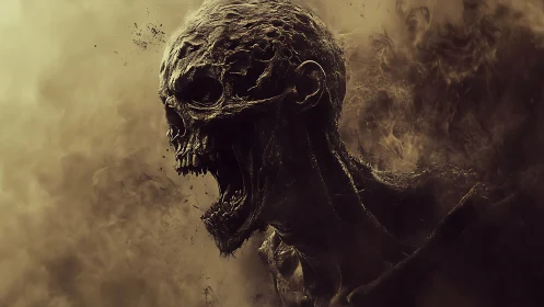 Eroded skeletal wraith emerging through particulate smoke field.