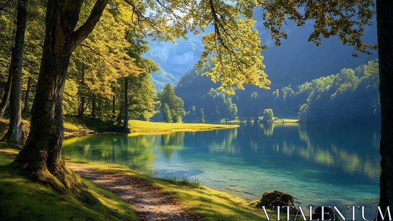 Photorealistic lakeside forest with luminous foliage framing.
