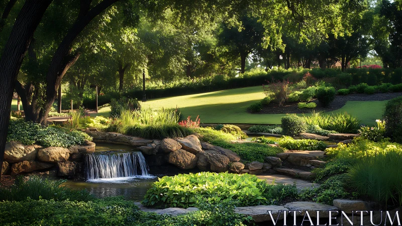 Lush landscaped park with stream, waterfall, and stone path.