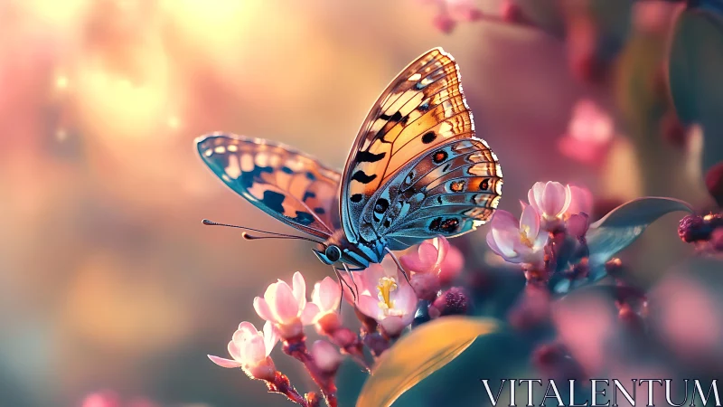 Butterfly on small blossoms under soft diffused lighting.