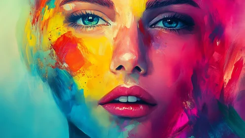 Vivid female portrait explodes with neon abstract color fields.