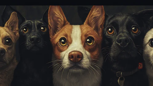 Group portrait of five small dogs in close frontal view.