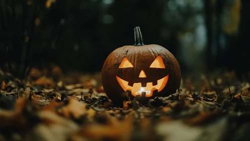 Glowing jack o lantern resting on forest floor at dusk.