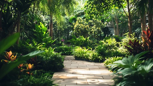 Sunlit garden pathway winding through lush green calm.