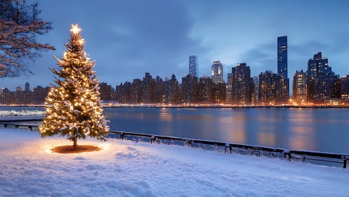 Snowy riverside Christmas tree glowing beside city lights.