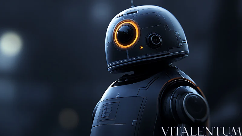 Midnight scout droid glows with neon curiosity and charm.