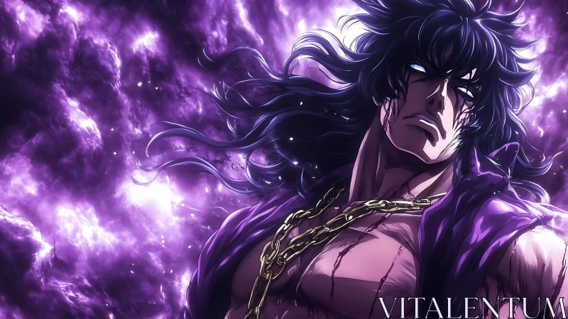 Intense anime warrior in glowing purple storm sky.