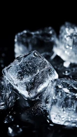 Ice cubes resting on wet reflective surface in sharp focus
