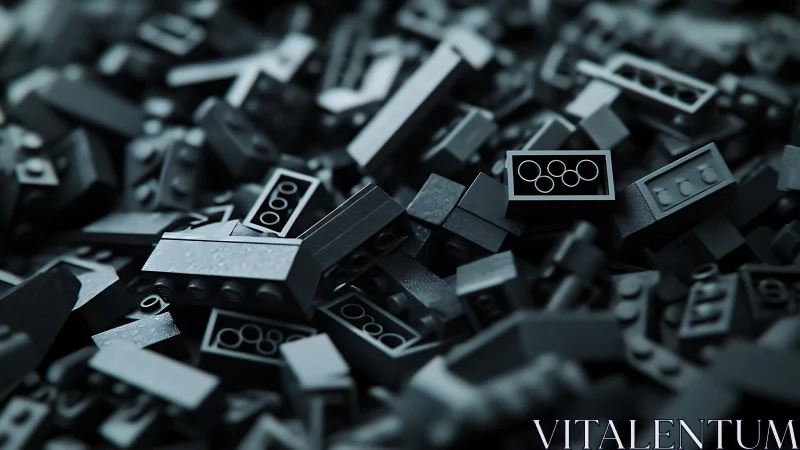 Close view of scattered dark plastic building bricks.