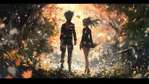 Autumn-lit forest corridor cradles two drifting silhouettes