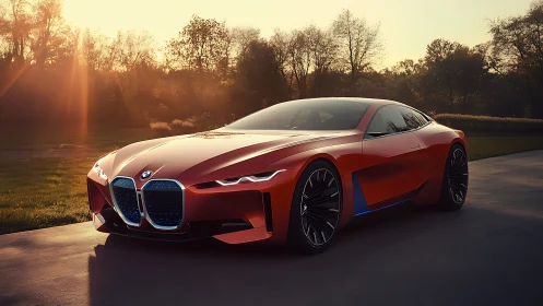 Red BMW sports coupe parked outdoors at sunset light.