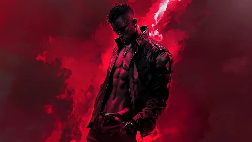 Brooding cyber figure in crimson smoke and neon flare.