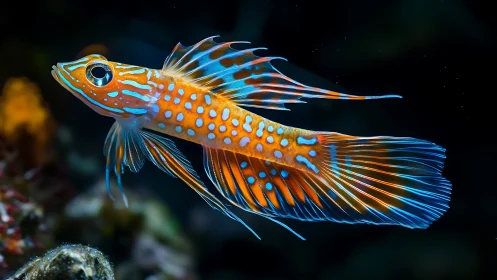 Brilliant reef fish glides through dark water in glowing color