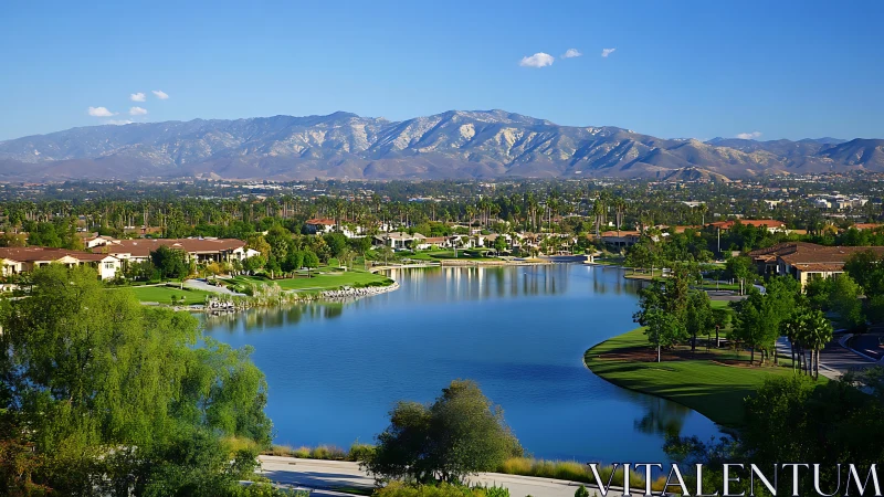 Suburban lakeside community framed by distant mountain range