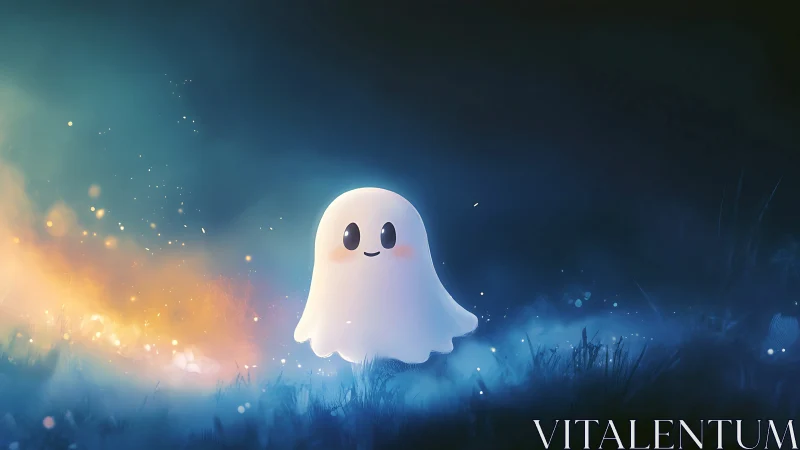 Gentle glowing ghost under dreamy bioluminescent night.