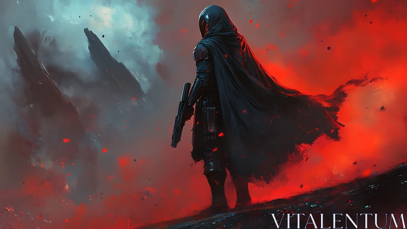 Hooded armed figure on volcanic alien battlefield in smoke.