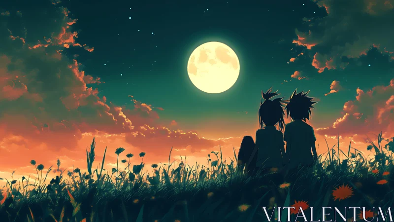 Moonlit meadow rendezvous with two quiet anime dreamers.