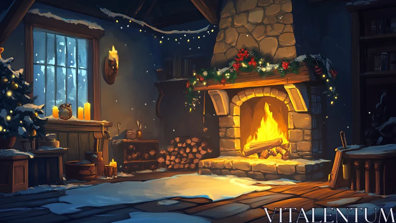 Snow-dusted rustic cabin interior with glowing festive hearth