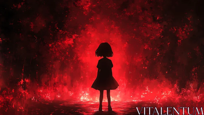 Silhouetted girl confronts infernal red abstract light field.