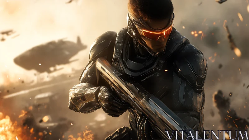 Armored cybernetic soldier advances through explosive battlefield