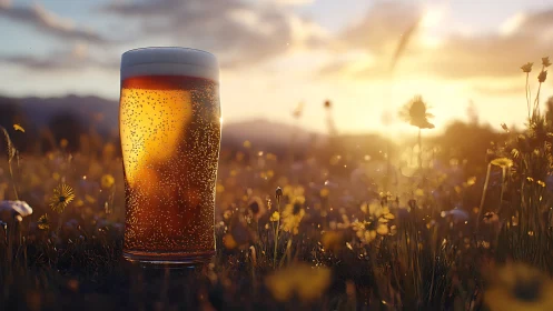 Sunlit pint of beer glows warmly in a wildflower meadow
