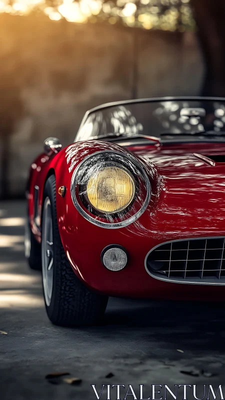 Sunlit classic red roadster gleams in soft golden light.