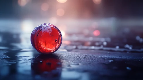 Lone red glass sphere glows softly on a misty wet surface