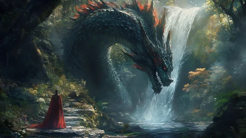 Colossal forest dragon confronting lone cloaked warrior.