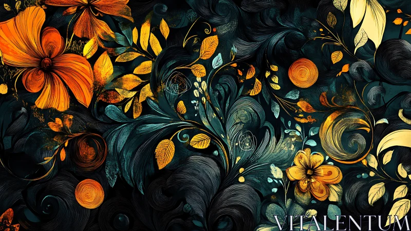 Golden midnight garden swirling with vivid floral dreams.