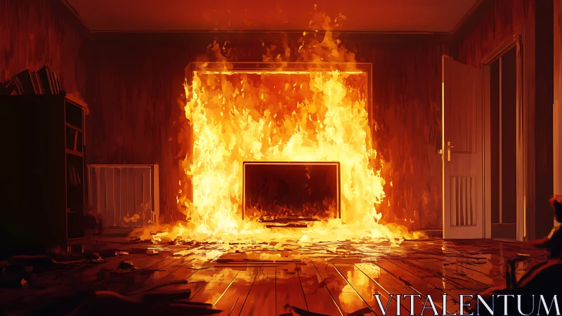 Interior Inferno: Raging Fireplace Engulfs Contemporary Room.