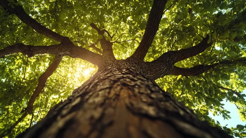 Majestic tree canopy viewed from below, sunlit natural perspective.