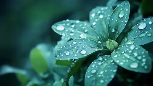 Close-up of green plant leaves with raindrops in focus.