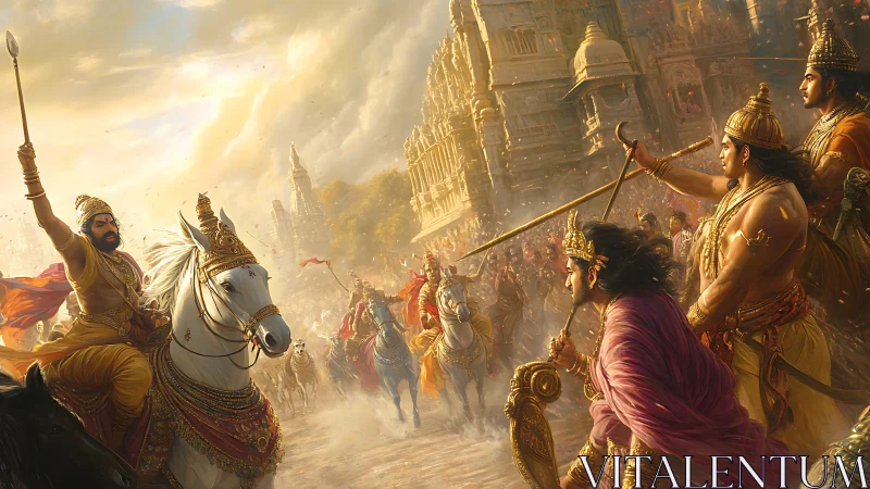 Golden chariots racing through a mythic city at sunrise.