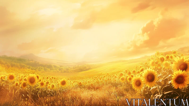 Radiant sunflower valley under golden cinematic sunrise light.