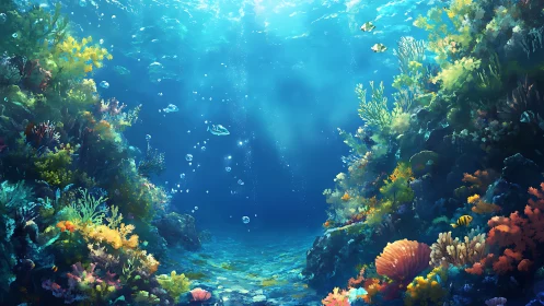 Sunlit coral garden inviting you into a calm blue dream.