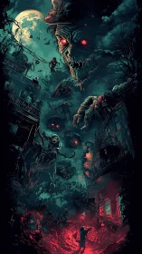 Night wanderer meets glowing-eyed horrors in a haunted street