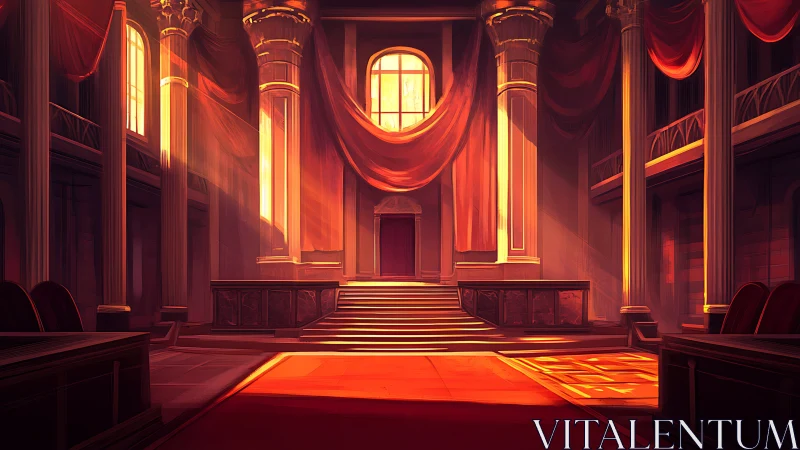 Sunlit interior of columned hall with central staircase.