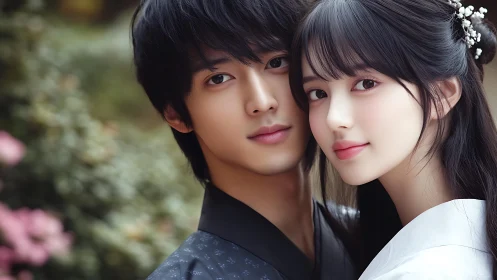 Two figures in traditional black garments positioned outdoors near flowering vegetation