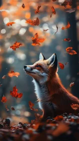 Fox watches swirling autumn leaves in soft bokeh forest.