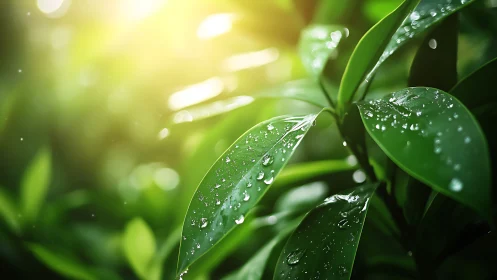 Backlit dew-kissed foliage in shallow-focus composition.