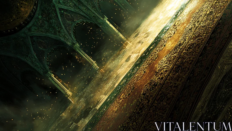 Gilded cathedral interior tilts under drifting golden embers.