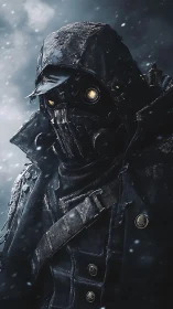 Snowbound masked wanderer stands calm in a frozen storm