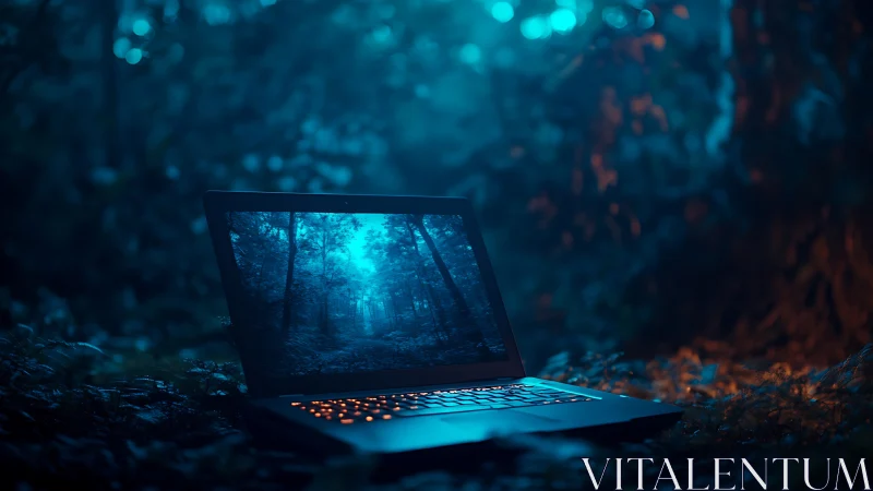 Laptop with neon display glowing in moody forest environment.