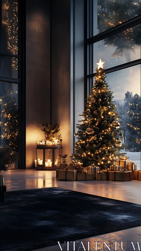 Christmas tree stands near tall windows in modern room