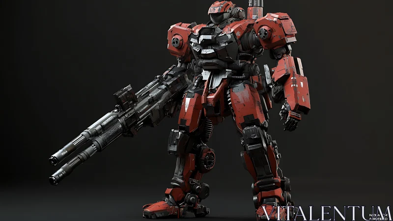 Heavily armed red combat mech with large dual cannon.