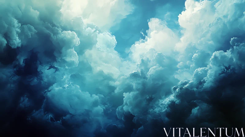 Billowing teal storm clouds merge into luminous sky.